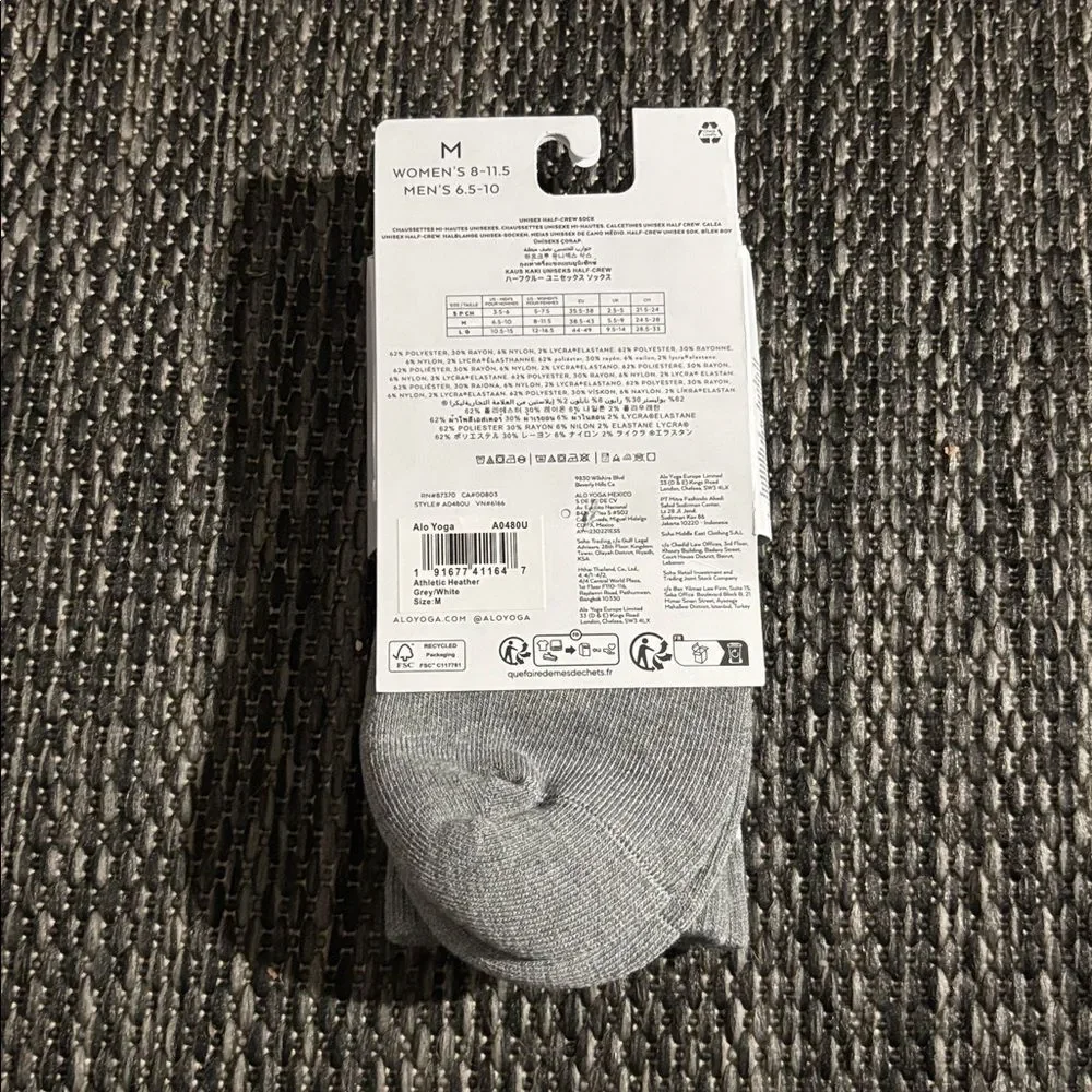 Alo Yoga Unisex Half Crew Sock Athletic Heather Grey Size Medium NEW